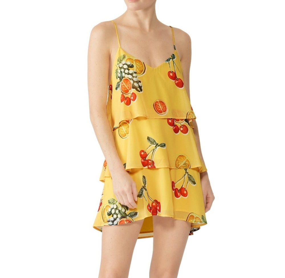 016 SHOW ME YOUR MUMU SUAREZ RUFFLE DRESS Yellow Fruit Print Layered Dress - Picture 9 of 12